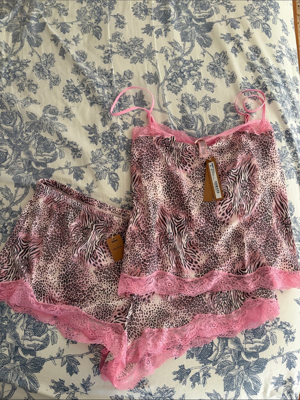 SKIMS Pink Animal-Print Lace Trim Cami & Shorts Set